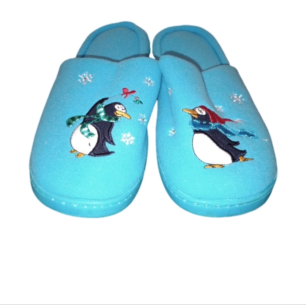 Light Blue Plush Penguin Slippers Embroidered Snowflakes Winter House Shoes 
